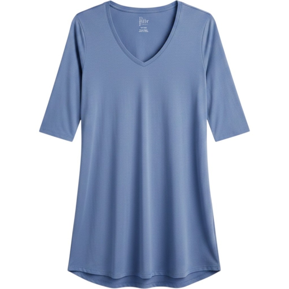 Felina Soft Ease Blue V-Neck Tunic Top Elbow Sleeve Stretch Knit Women Small